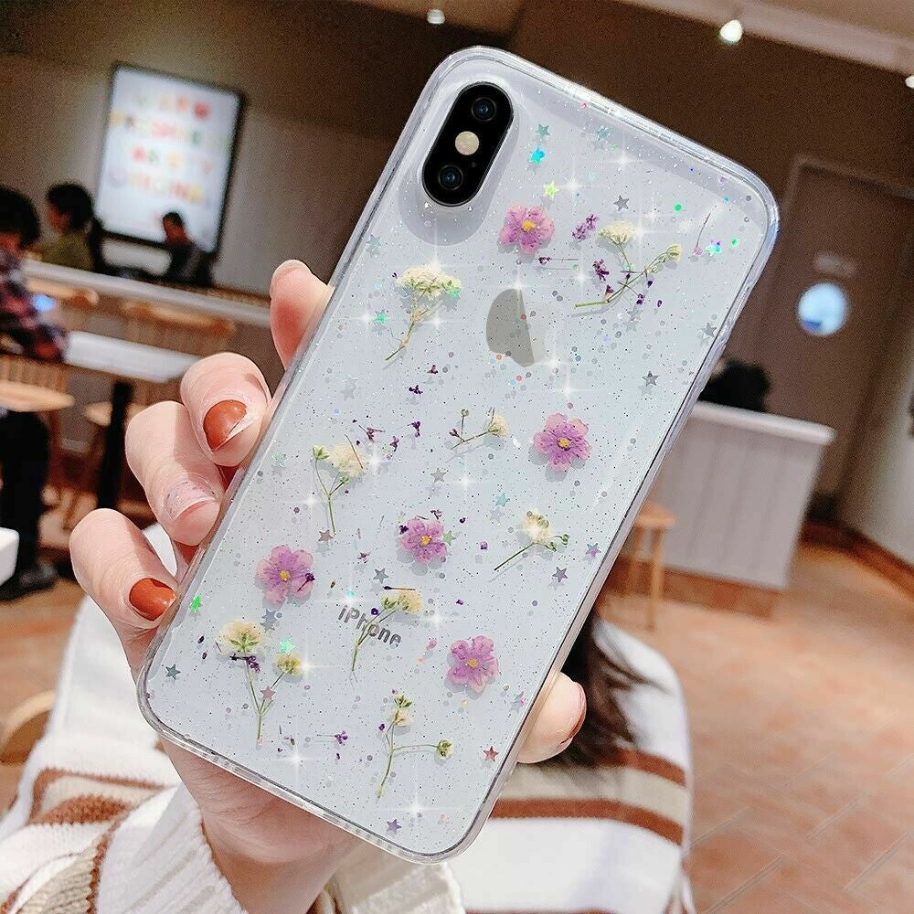 Glitter Case for Iphone 15 12 11 14 XR 6 7 8 Xs Cute Flower TPU Clear Soft Cover