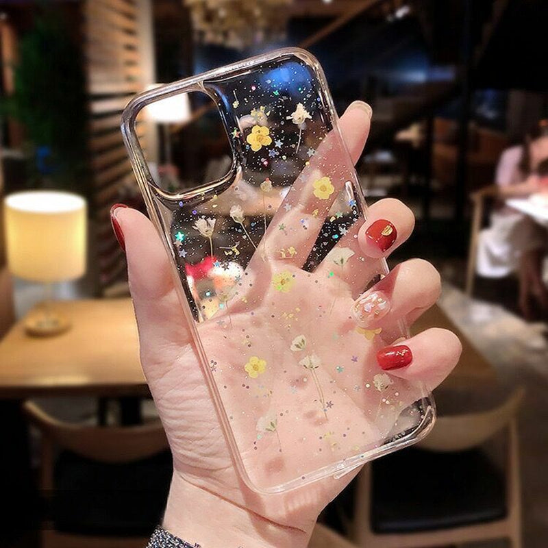 Glitter Case for Iphone 15 12 11 14 XR 6 7 8 Xs Cute Flower TPU Clear Soft Cover