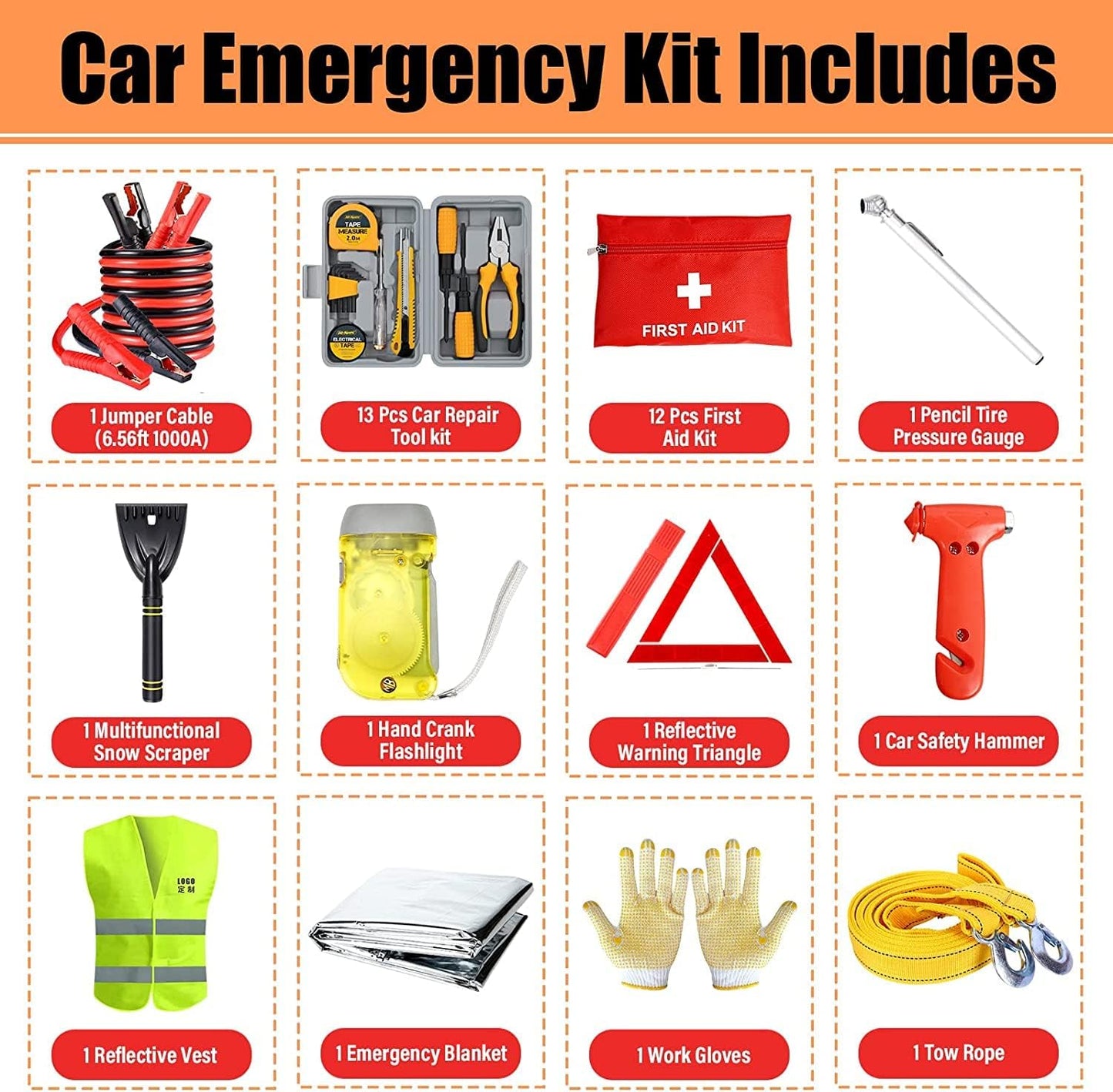 Car Emergency Kit, Roadside Assistance Emergency Kit, Car Breakdown Tool Set with Jumper Cables, Warning Triangle, Visibility Vest, Flashlight Etc, Ideal Accessory for Truck, SUV