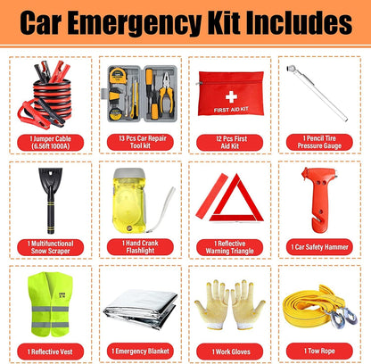 Car Emergency Kit, Roadside Assistance Emergency Kit, Car Breakdown Tool Set with Jumper Cables, Warning Triangle, Visibility Vest, Flashlight Etc, Ideal Accessory for Truck, SUV