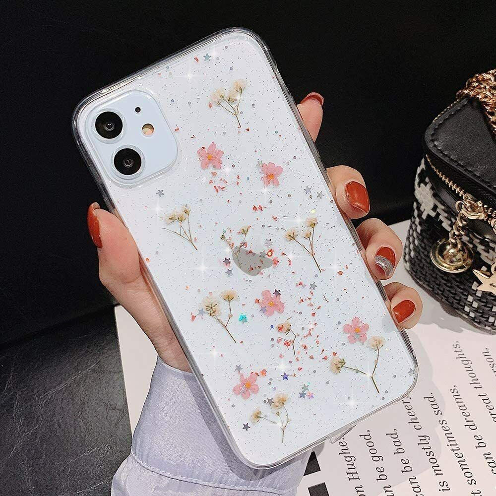 Glitter Case for Iphone 15 12 11 14 XR 6 7 8 Xs Cute Flower TPU Clear Soft Cover