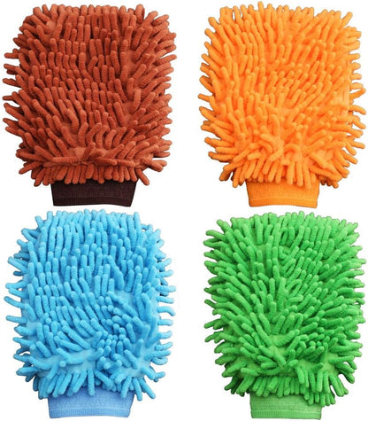 4 Pcs Car Wash Mitts, Double Sided Microfiber Car Wash Mitts Super Absorbent Microfibre Gloves Microfibre Cloth for Car Cleaning Household Cleaning（Random Color）