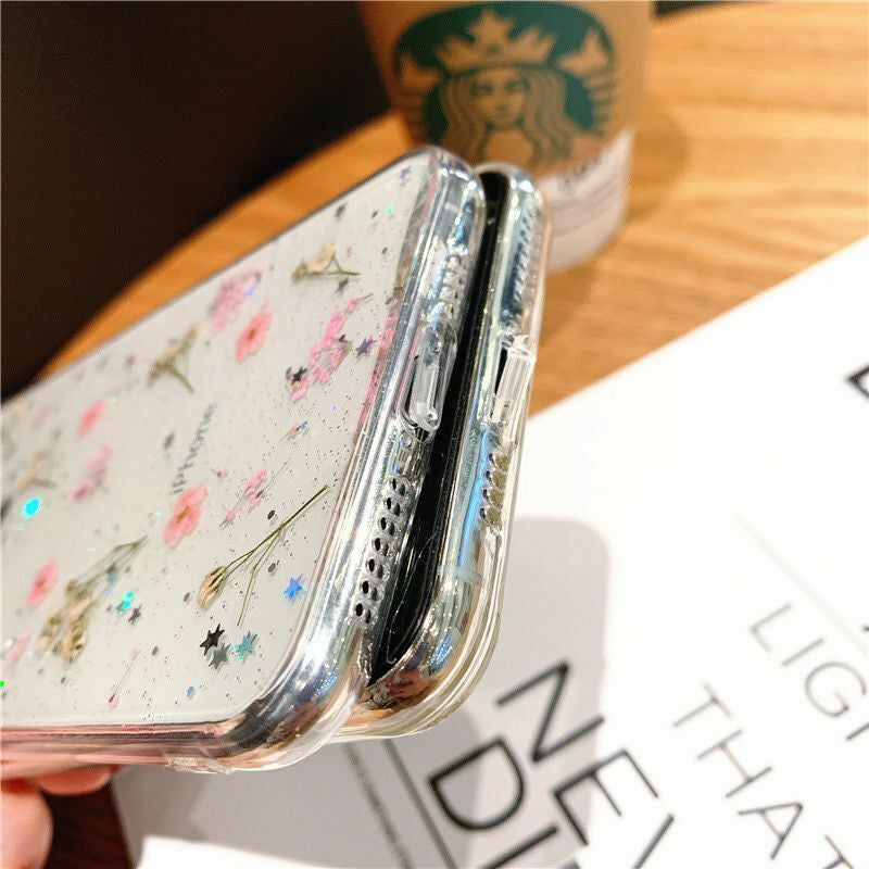 Glitter Case for Iphone 15 12 11 14 XR 6 7 8 Xs Cute Flower TPU Clear Soft Cover