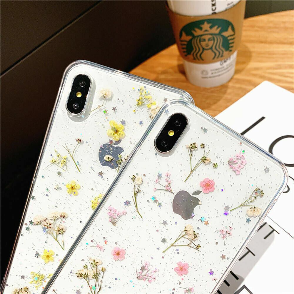 Glitter Case for Iphone 15 12 11 14 XR 6 7 8 Xs Cute Flower TPU Clear Soft Cover