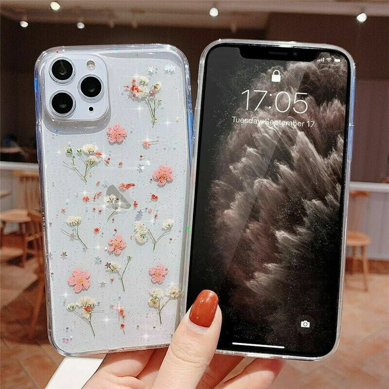 Glitter Case for Iphone 15 12 11 14 XR 6 7 8 Xs Cute Flower TPU Clear Soft Cover