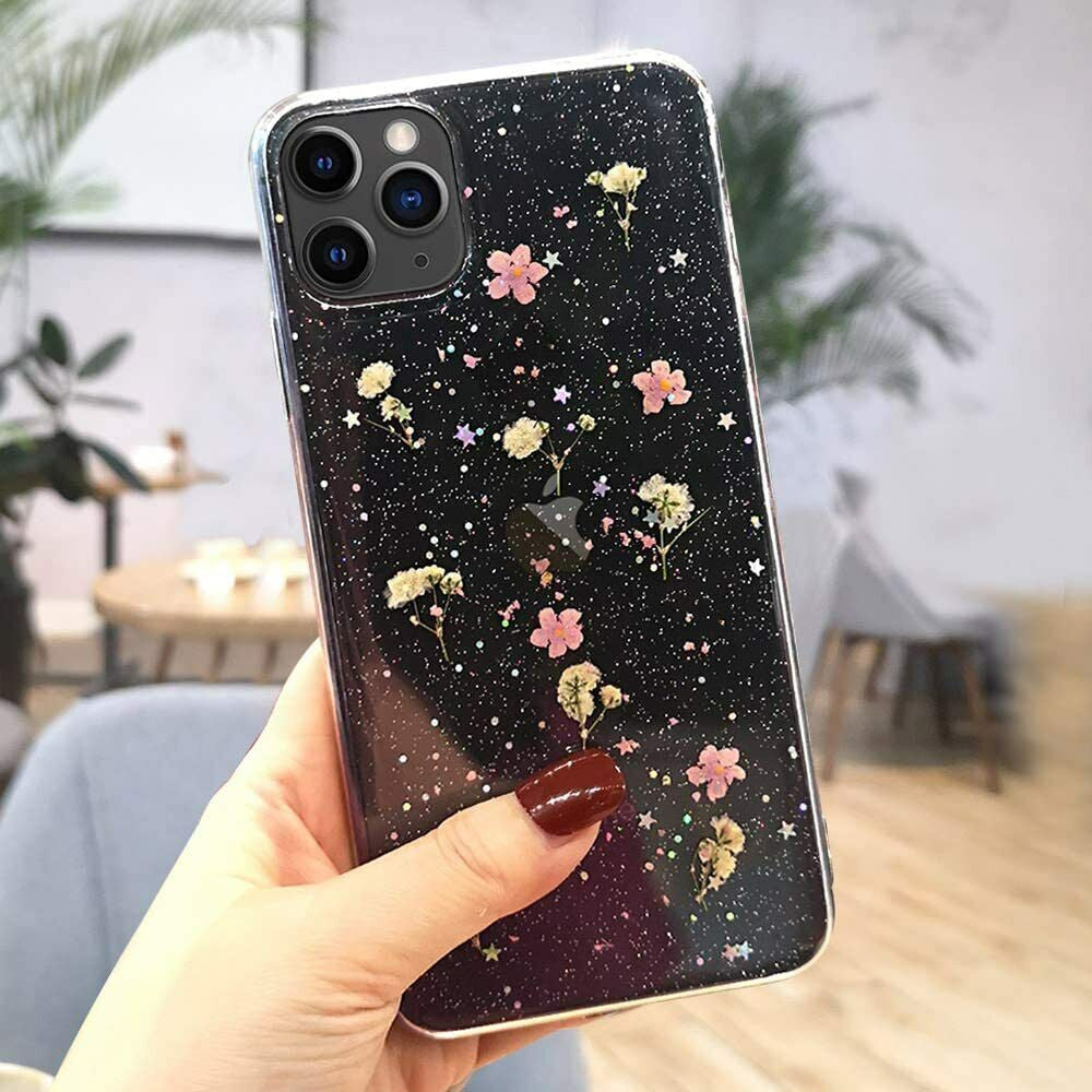 Glitter Case for Iphone 15 12 11 14 XR 6 7 8 Xs Cute Flower TPU Clear Soft Cover