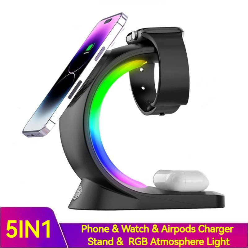 Ultimate 4-in-1 Magnetic Wireless Charger - Fast Charging Station for iPhone, AirPods Pro, and Apple Watch with Ambient Light